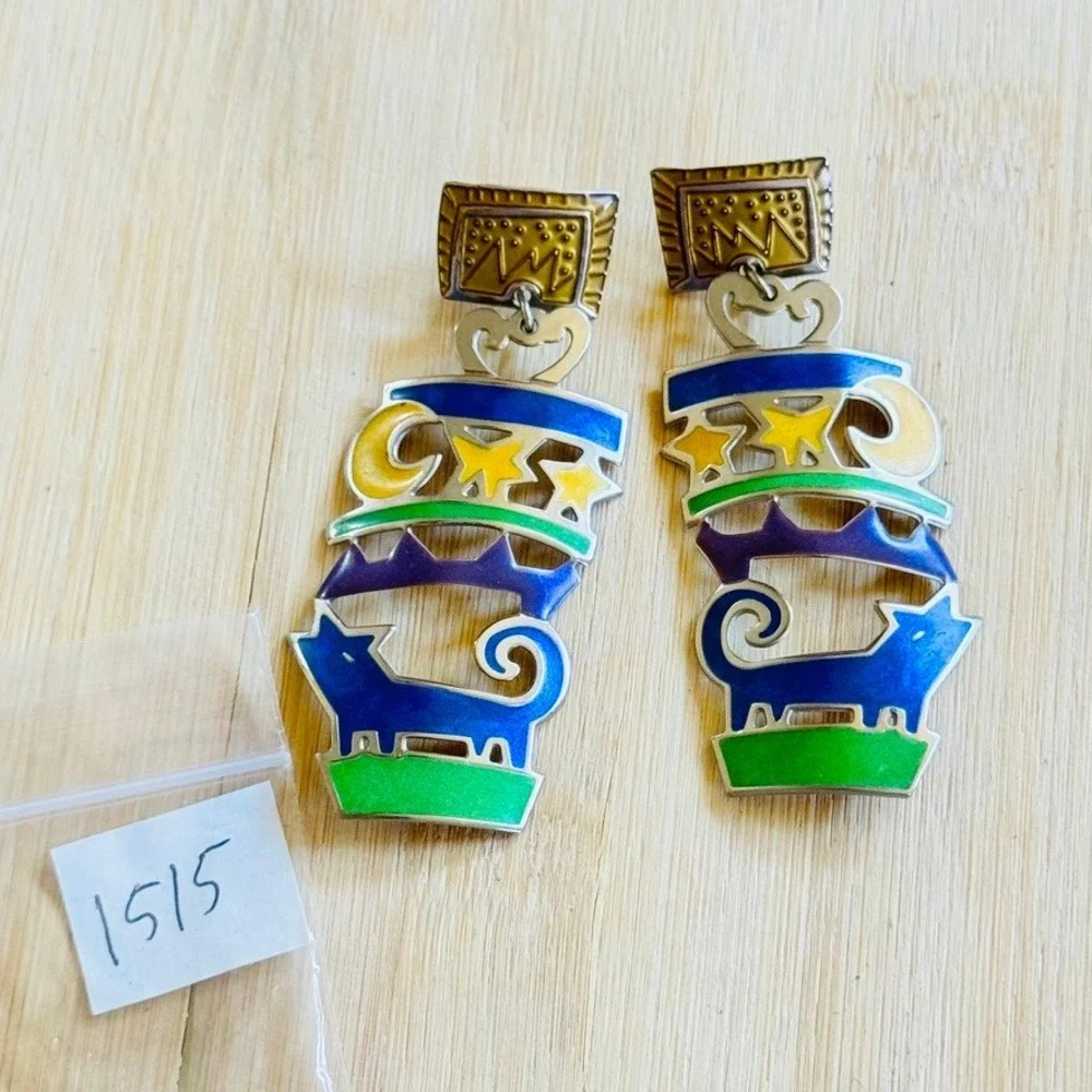 VTG Edgar Berebi Wolf Earrings Whimsical Southwest Dangle Enamel Pierced Signed
